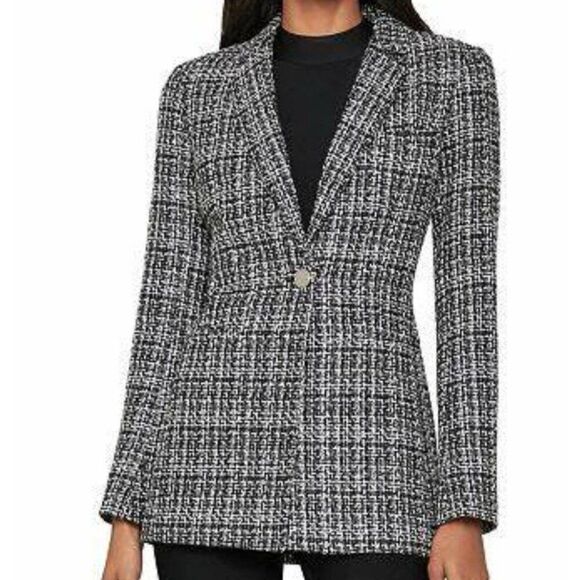bcbg maxazria Black White Silver Metallic Tweed Long Sleeve Blazer Jacket Small - Picture 2 of 8